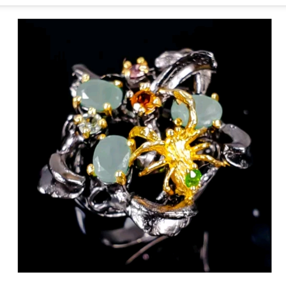 Emerald Peridot Tourmaline citrine aquamarine spider sterling silver ring sz9 - Picture 7 of 15